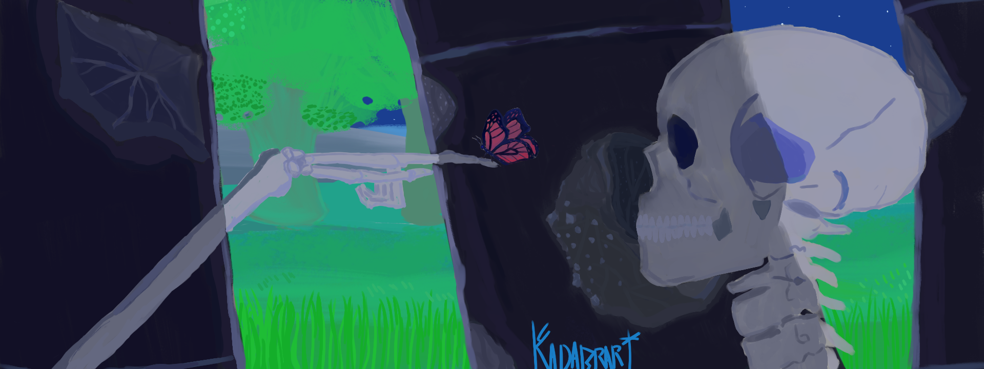 esqueleto mirando a una mariposa